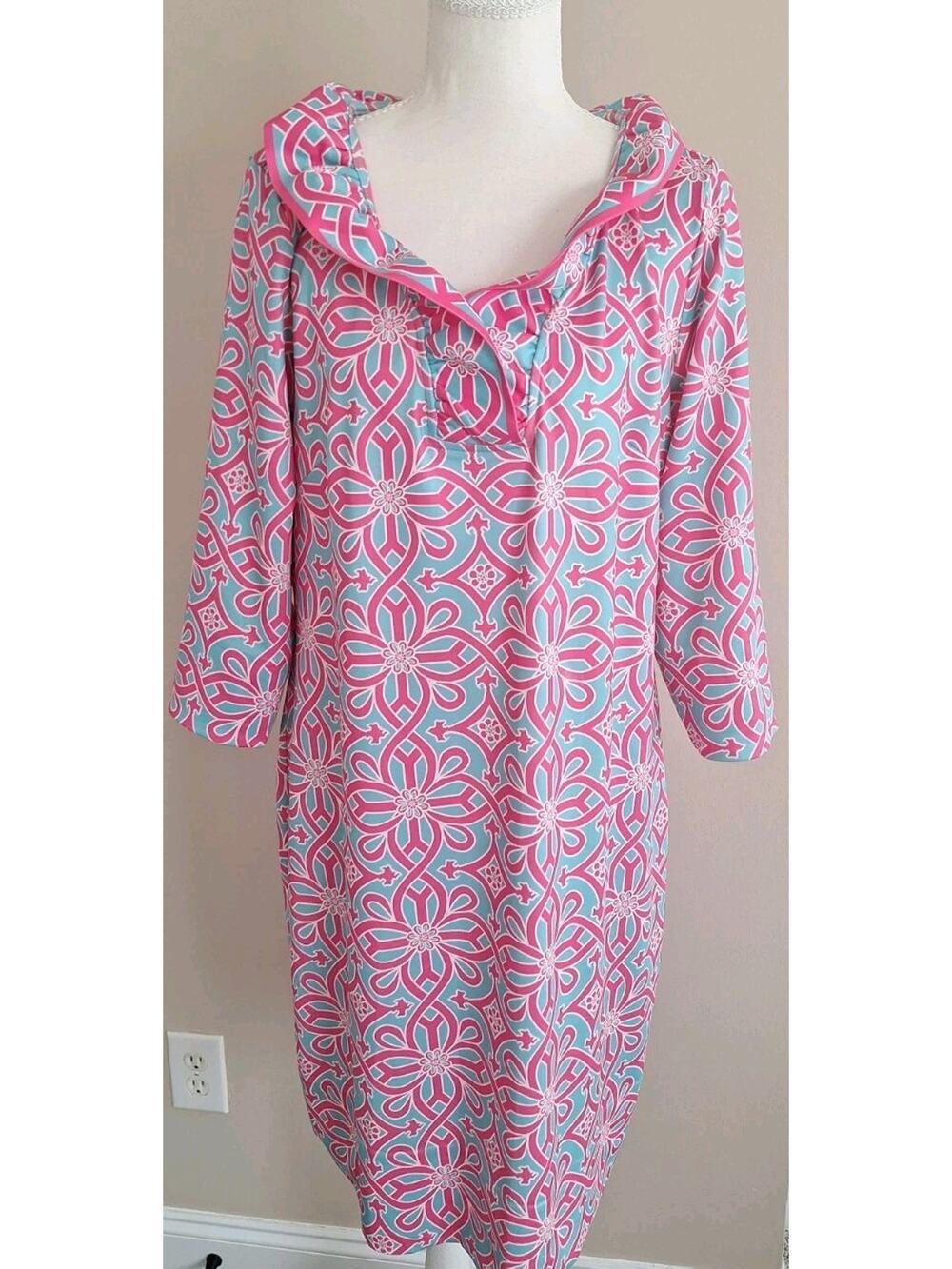 Gretchen Scott Dress Geometric Floral Medallion Ruffneck 3/4 Sleeve Women's Sz L